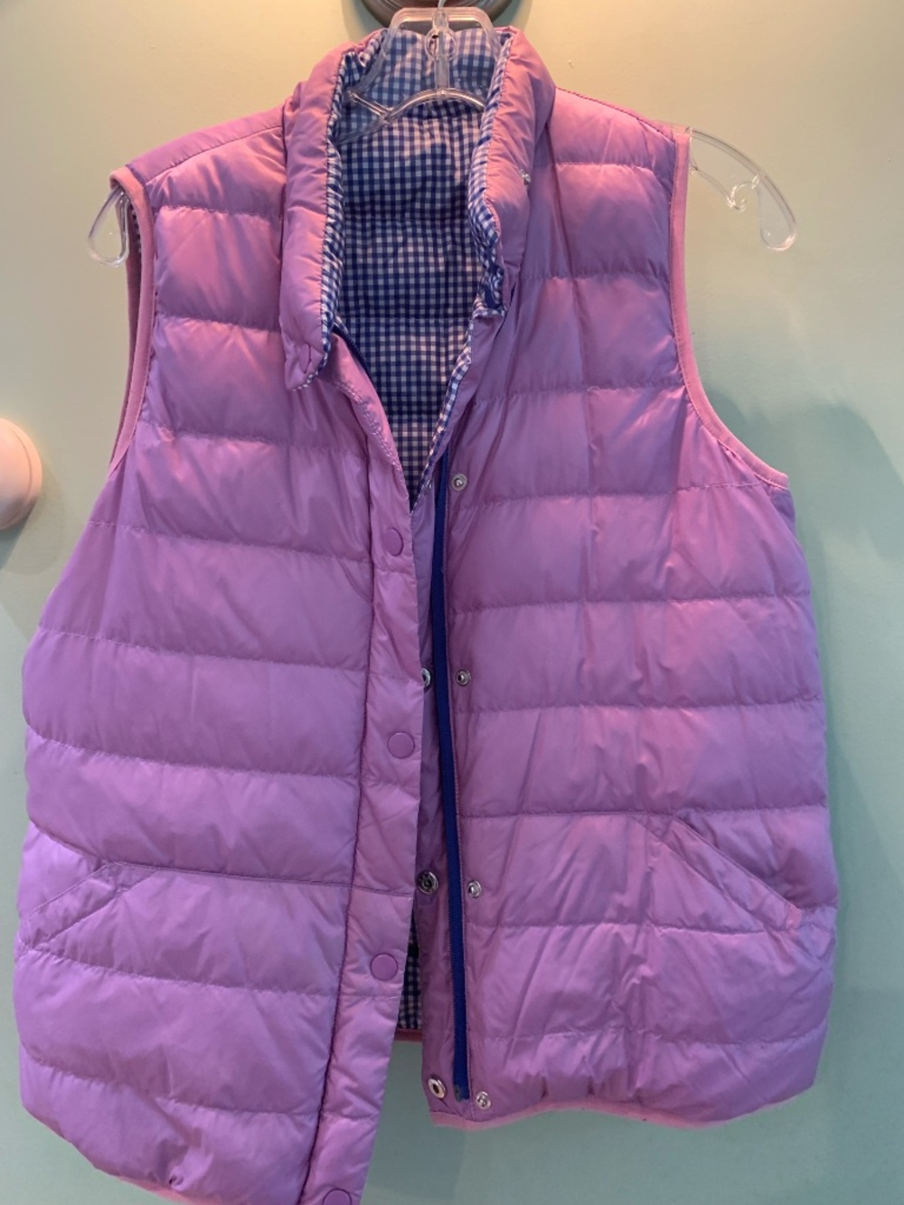 J McLaughlin Violet/Navy Blue Gingham Reversible Down Vest - Picture 2 of 9